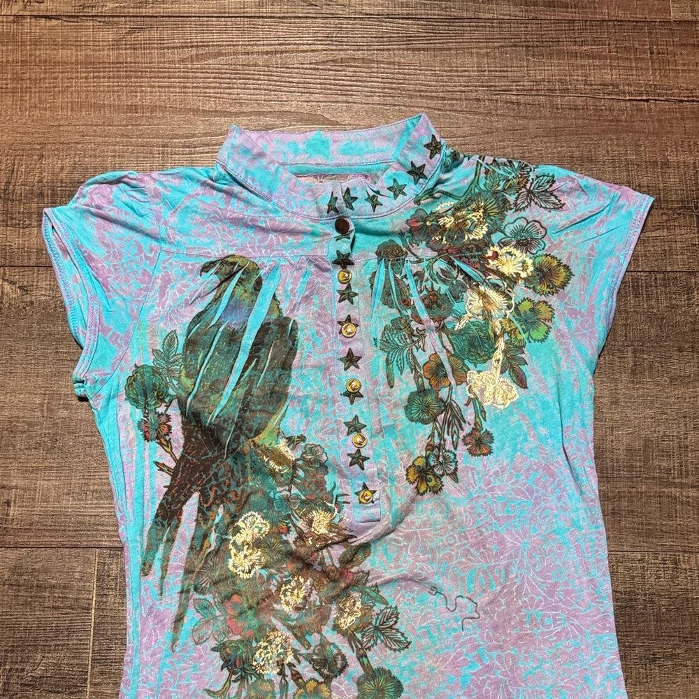 Floral Print Women's Top - Blue and Green - Picture 2 of 6